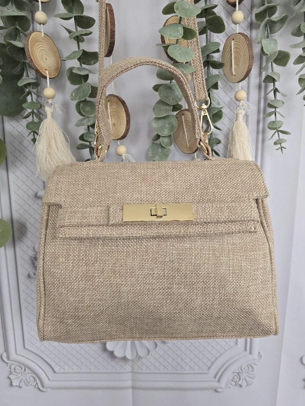 3AM Coastal Woven Natural Linen Satchel with Gold Hardware Crossbody Handbag